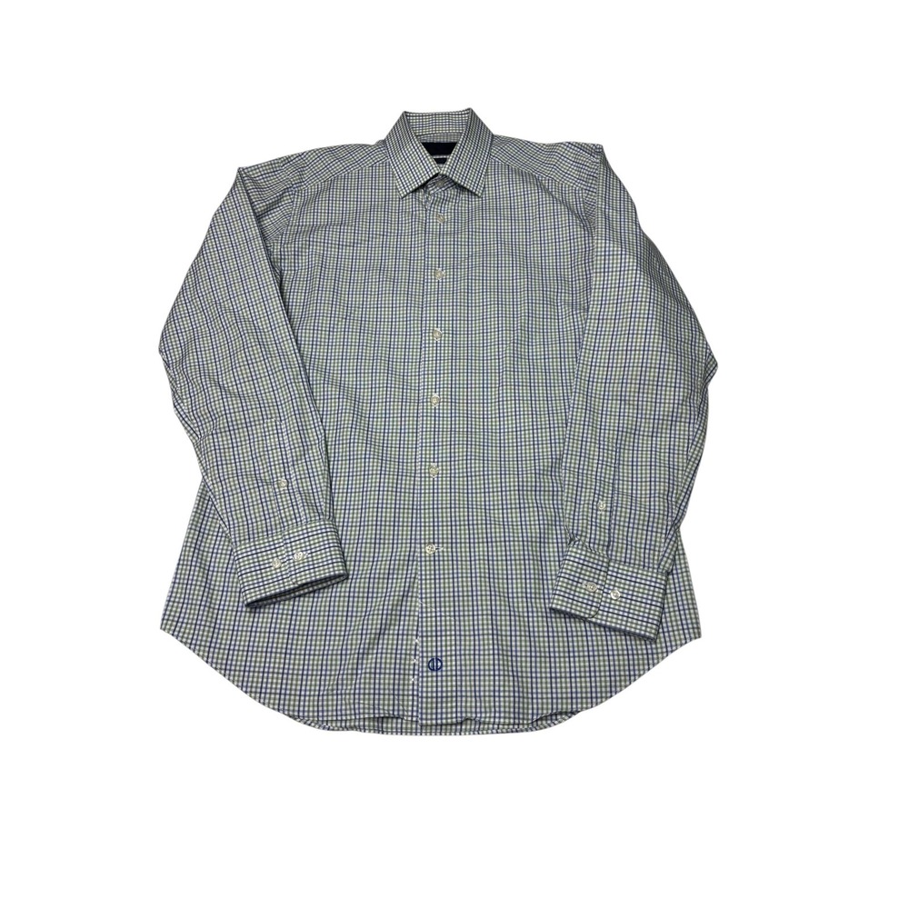 David Donahue Slim Fit Dress Shirt Mens 16.5 34/35 Blue Green Check Cotton
